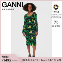 Ganni womens new banana tree print U-neck long-sleeved pleated slim long dress T3286099