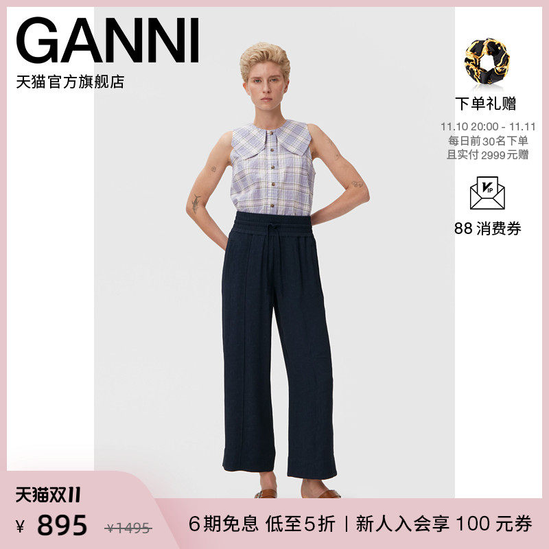 Ganni women's 2022 new purple plaid print straight seersucker sleeveless shirt F7075276