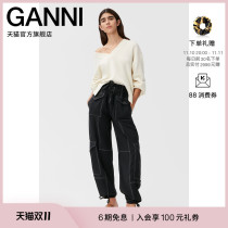 Ganni womens 2022 new black high waist drawstring wide leg overalls harem pants F7161099