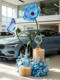 4S Store Car Delivery Ceremony Decoration with Blue Artificial Flowers, Fake Flower Arrangements, Flower Path Decorations, and Ambiance Scene Setup