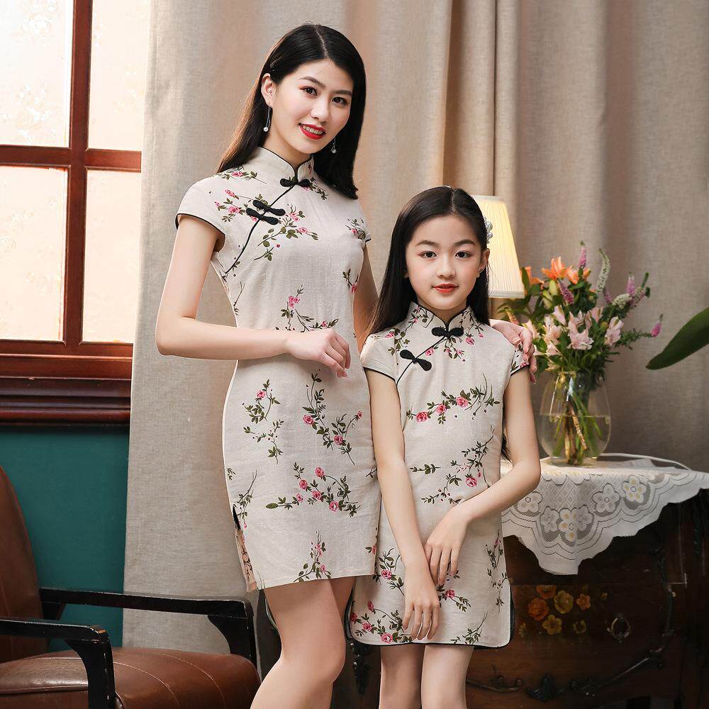 Cheongsam dress girls summer monsoon dress summer dress new Chinese foreign style 2021 baby parent cotton linen
