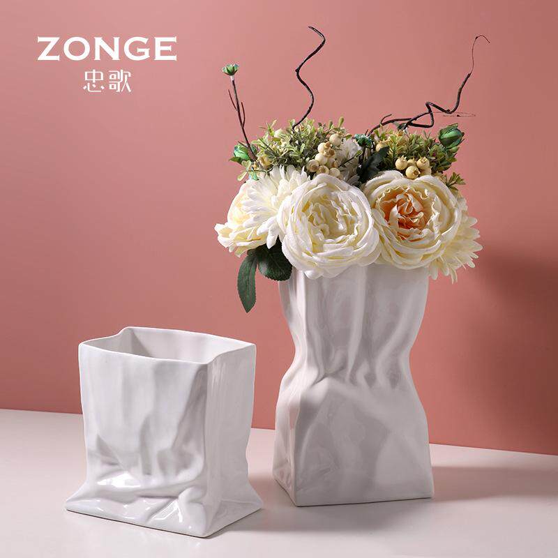 Vase ornaments ceramic creative living room simple Nordic modern flower arrangement pleated white model room home luxury