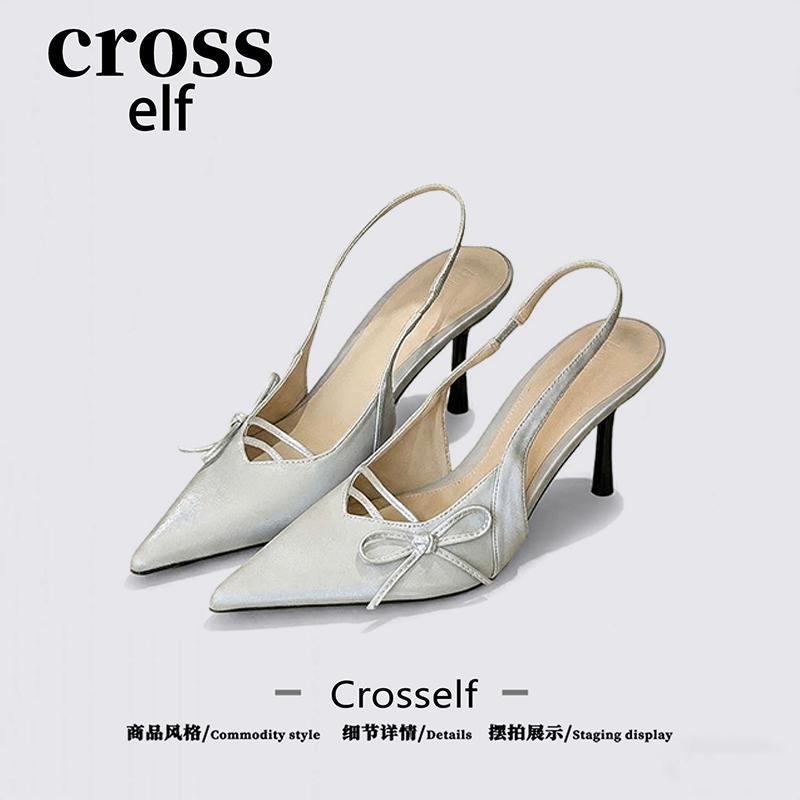 Crosself~Xu Lvyangliu Same Style Bowknot High Heels Women's Stiletto Pointed Toe Back-Strap Sandals