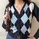 AA American retro V-neck rhombus long-sleeved short top knitted outer cardigan for women in autumn