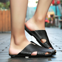 2021 New Mens Summer Genuine Leather Slippers Half-Drag Outerwear Sandals Lazy Full Cowhide Summer Baotou Trendy Sandals
