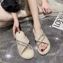 Japan Crosswater Drilling Extravagant Flat-bottomed Slippers Female Summer Chains Exterior Wearing New Non-slip Stylish Beach Shoes
