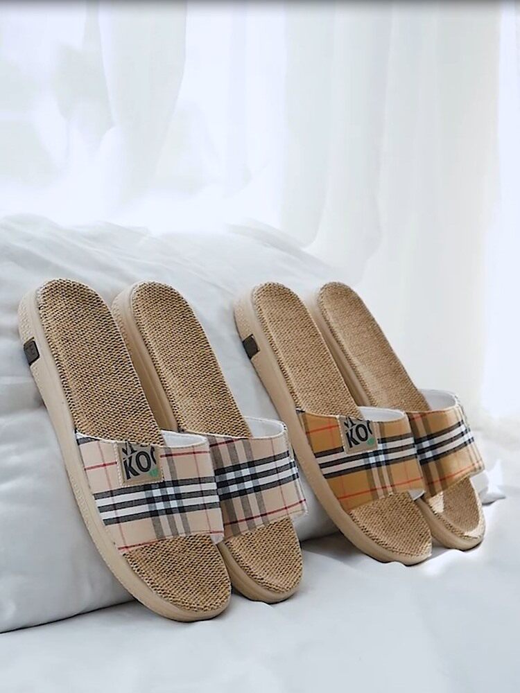 Japanese classic plaid fabric home linen slippers female couple indoor mute sandals and slippers non-slip thick bottom
