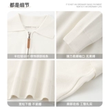 Комфортный белый трикотажный лонгслив, футболка polo, приятная телу рубашка для отдыха с молнией, на молнии