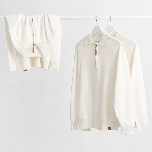 Комфортный белый трикотажный лонгслив, футболка polo, приятная телу рубашка для отдыха с молнией, на молнии