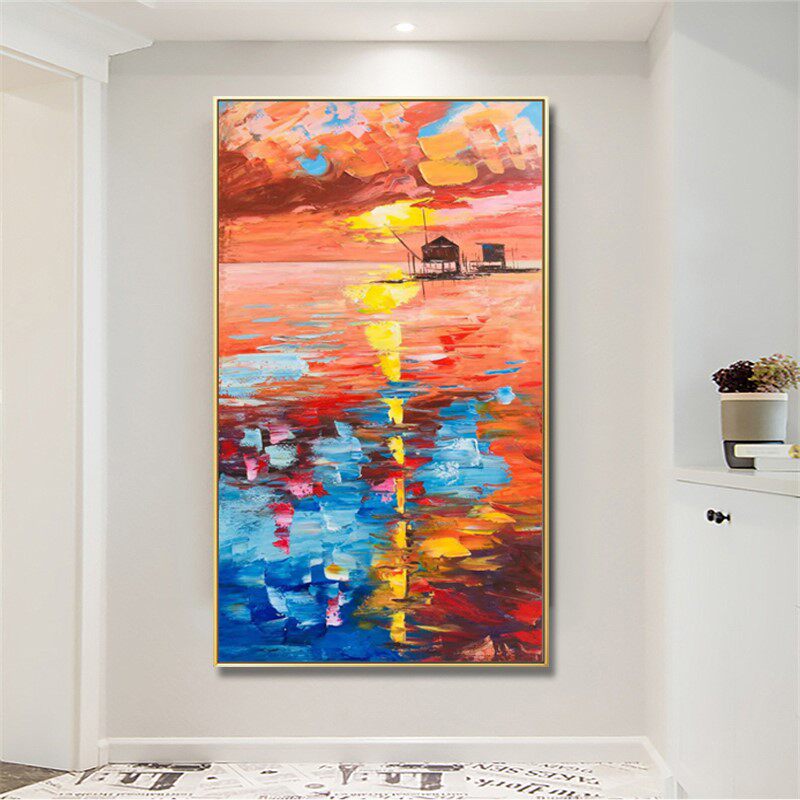 Nordic landscape painting modern aisle corridor vertical version pure hand-painted oil painting home decoration painting sunrise abstract porch