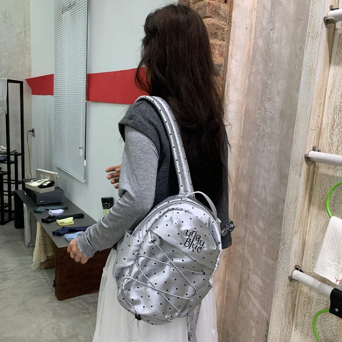 Unique BLUE Y2K Polka Dot Drawstring Backpack for Girls - Thumbnail 4