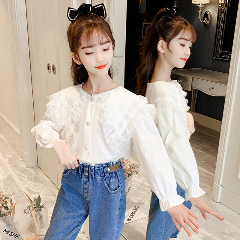 Girl White Shirt Spring Autumn Money Slim doll collar Children's fall Women's CUHK Tong Autumn Costume Blouse Cardiovert