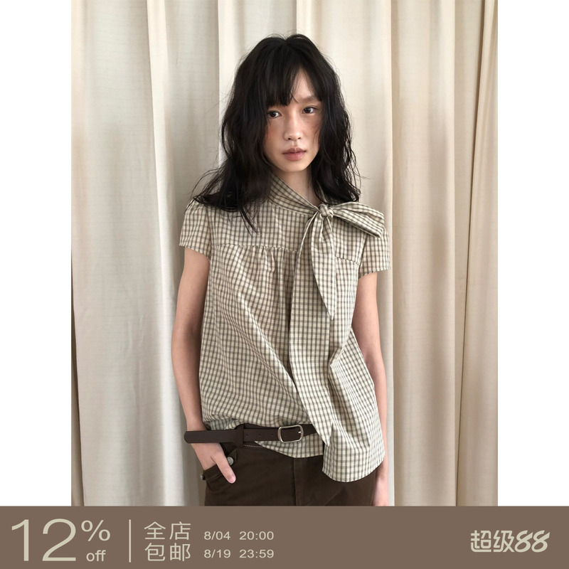 Dorydory Stand-Up Collar Lace-Up Plaid Small Flutter Sleeve Shirt 2026 Summer 100% Cotton Skin-Friendly Breathable Niche Top