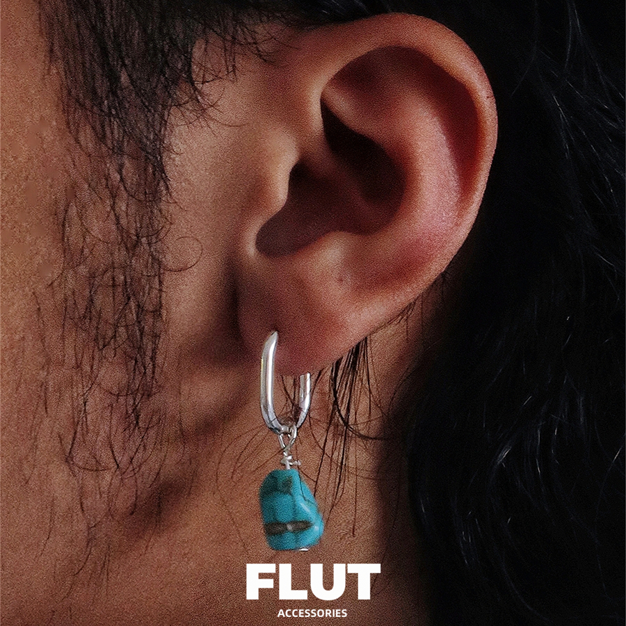 FLUT オリジナルユニセックスチベット手作りイヤリングブルーターコイズ不規則な 925 スターリングシルバーパーソナライズされたイヤリング男性と女性用