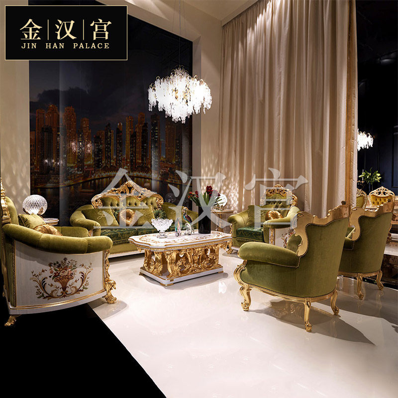 European-style solid wood carving sofa French palace villa living room fabric sofa combination luxury gold leaf furniture customization