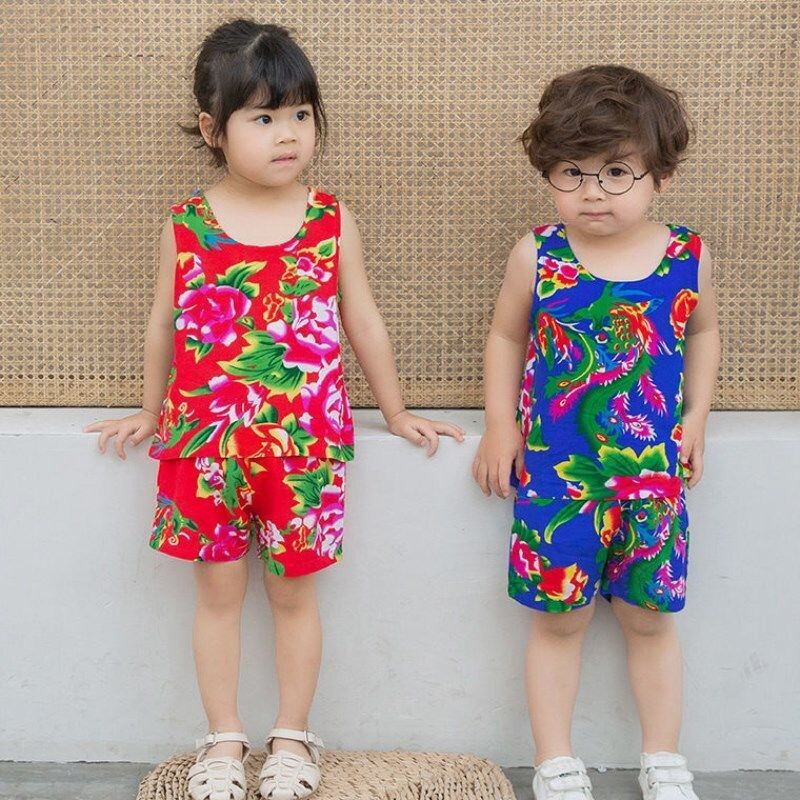 Northeast big flower cloth baby clothes girls suit summer thin air-conditioning clothes Hanfu pajamas boys vest shorts tide