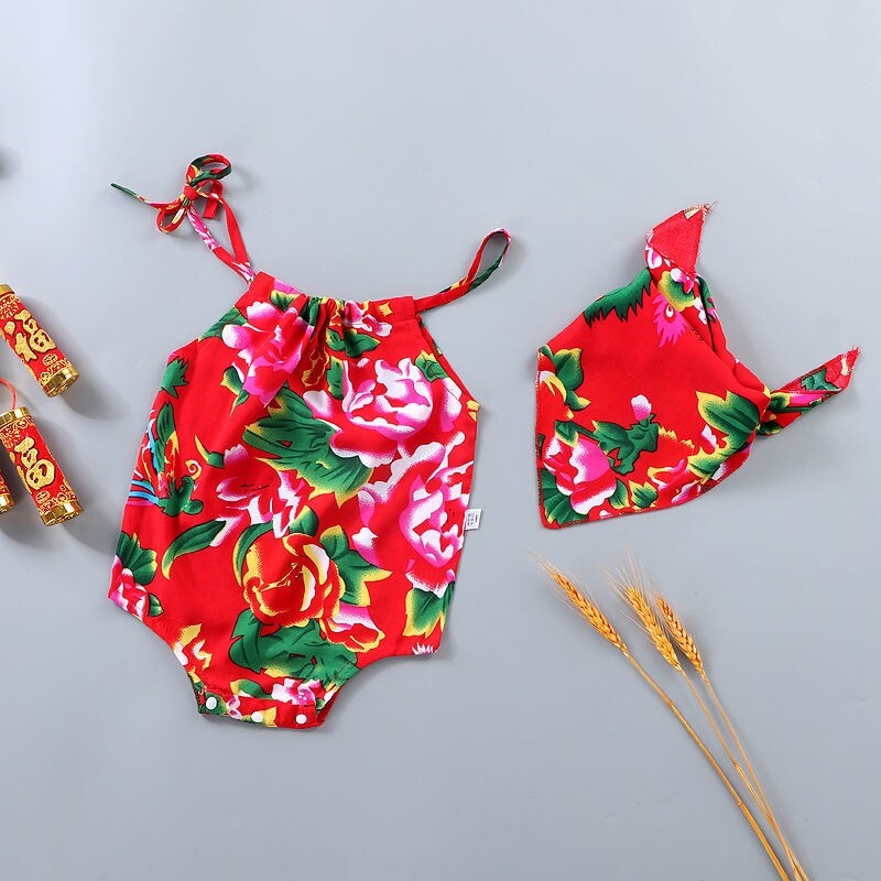 Northeast big flower baby clothes suit children's summer baby cloth thin bag fart clothes men and women cotton silk triangle romper trend