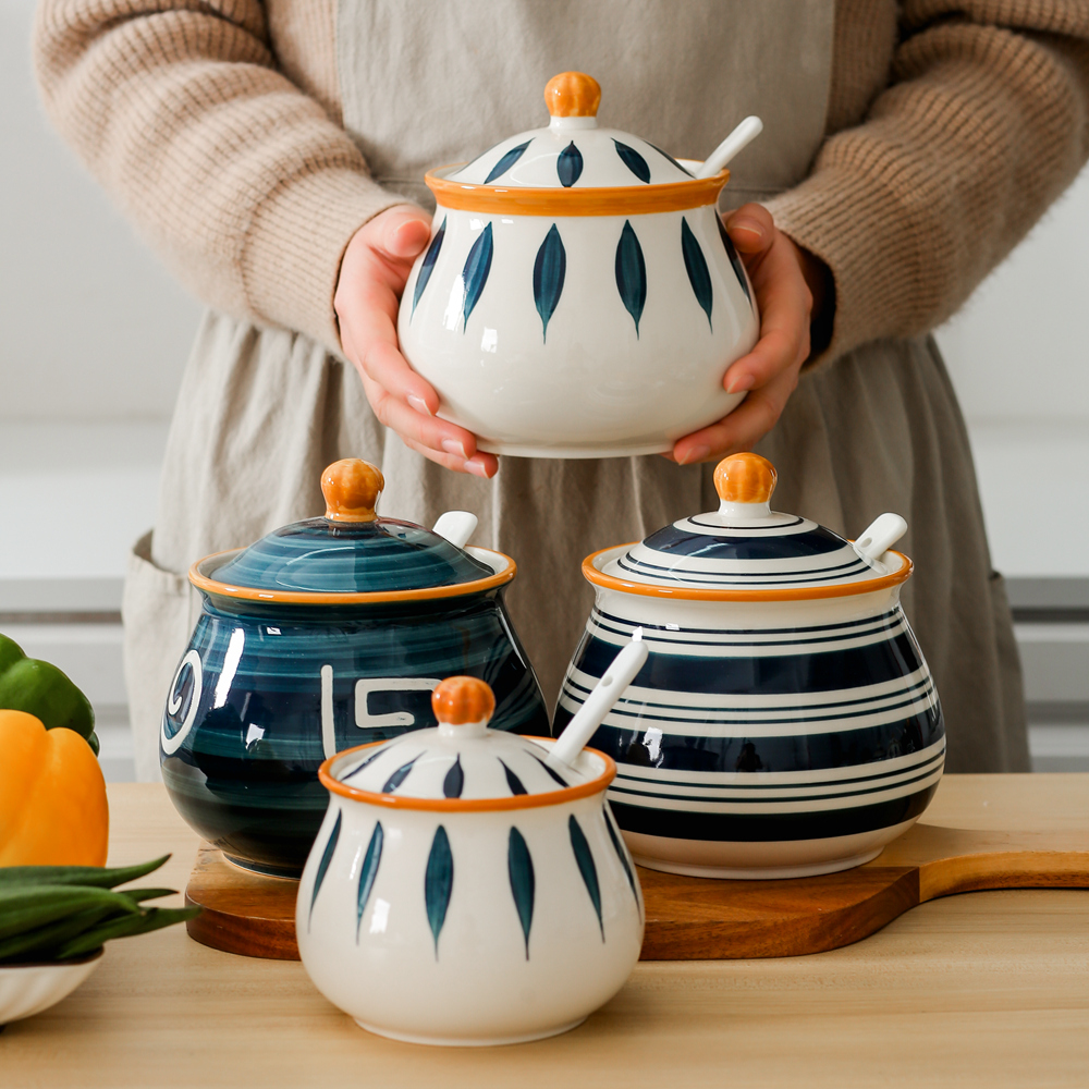 Ceramic lard pot household high temperature resistant oil-splashing pepper pot kitchen container salt pot seasoning pot seasoning pot