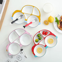 Baby dinner plate ceramic cute kindergarten dinner plate creative childrens cartoon household grid breakfast fruit plate set
