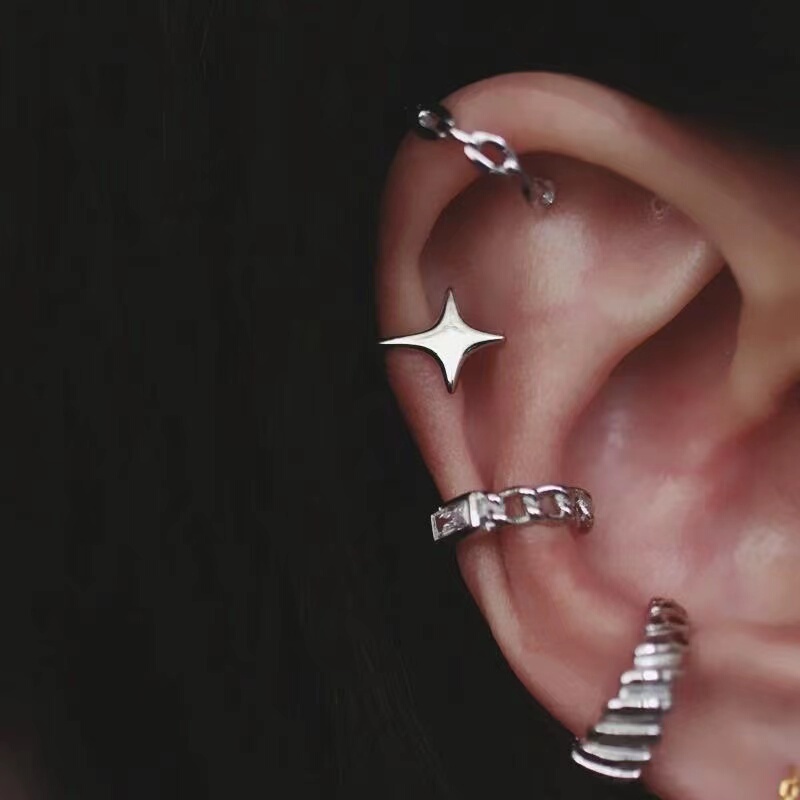 Stylish Layered Threaded Star Ear Clips, Korean and Japanese Style Small Square Diamond Chain Non-Pierced Ear Bone Earrings for Women Stylish Layered Threaded Star Ear Clips, Korean and Japanese Style Small Square Diamond Chain Non-Pierced Ear Bone Earrings for Women