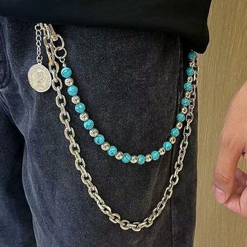 Men's and women's punk hip-hop pants chain accessories blue background and black pattern