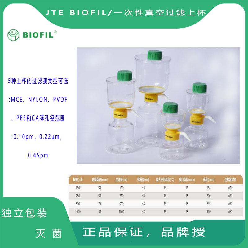 洁特 一次性真空式过滤器上杯 0.22&mu;m 250ml FPE214250