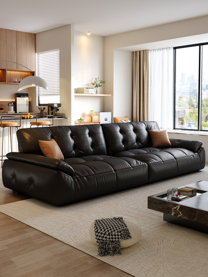 Genuine Leather Sofa, Italian Minimalist Style, Top-Grain Cowhide, Small Apartment Living Room, Black Marshmallow Retro Straight-Line Black Sugar Bobo