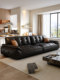 Genuine Leather Sofa, Italian Minimalist Style, Top-Grain Cowhide, Small Apartment Living Room, Black Marshmallow Retro Straight-Line Black Sugar Bobo