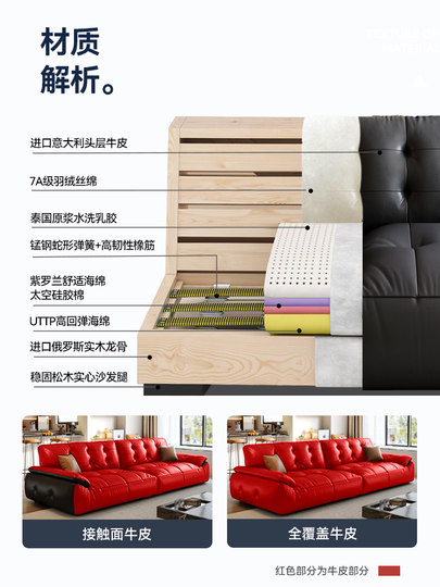 Genuine Leather Sofa, Italian Minimalist Style, Top-Grain Cowhide, Small Apartment Living Room, Black Marshmallow Retro Straight-Line Black Sugar Bobo