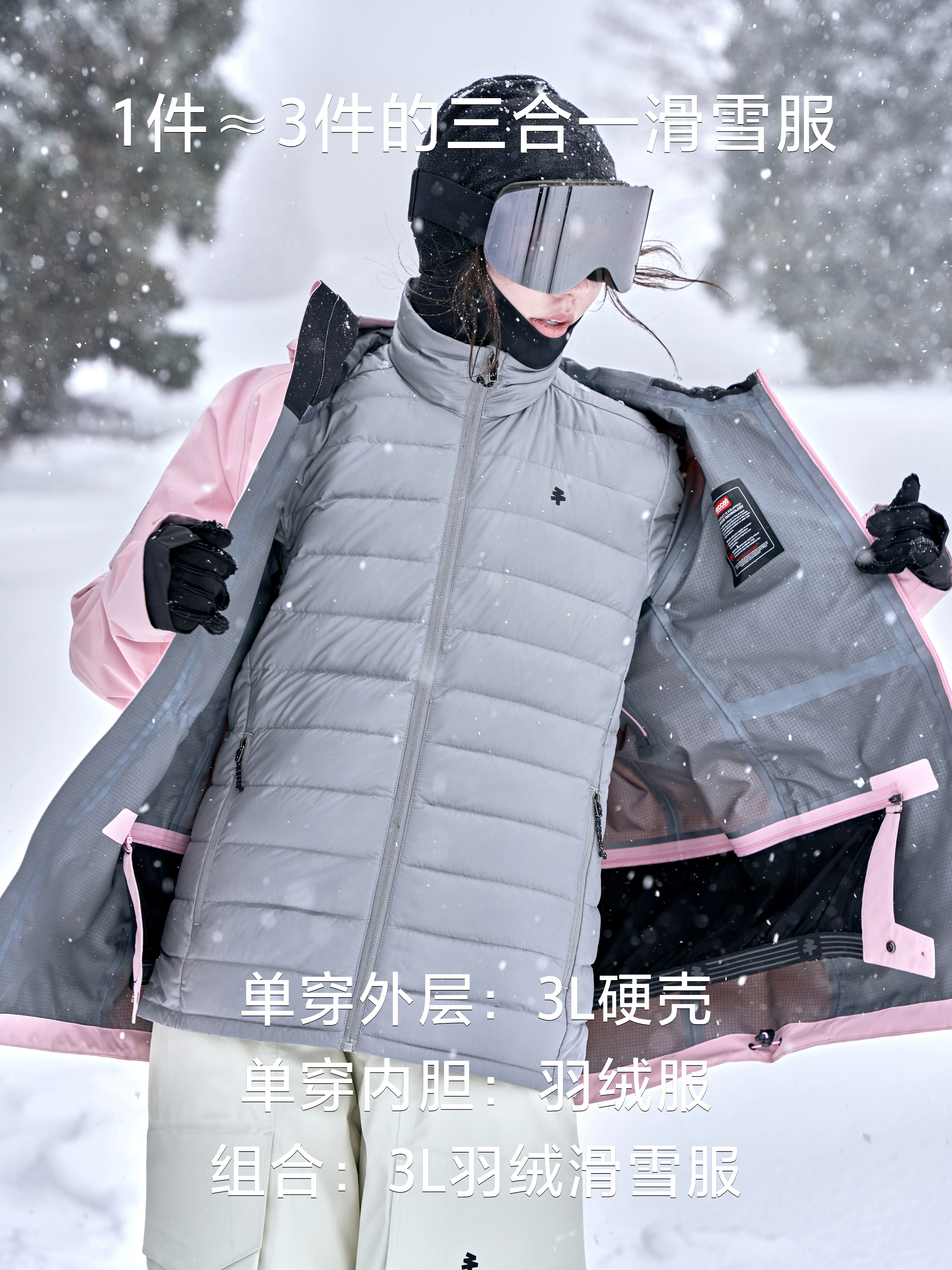 Awka Ski Jacket for Women and Men, Warm and Waterproof, Professional Snowboard 3L Jacket, Three-In-One down Liner