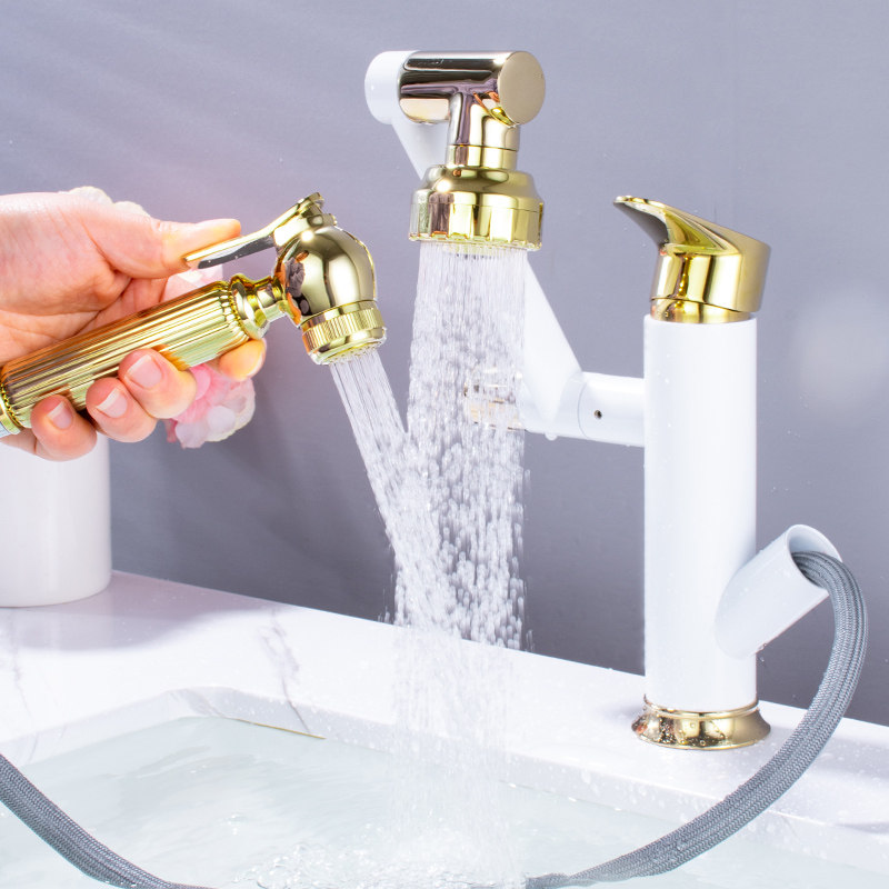 White pull-out basin faucet hot and cold washbasin telescopic lift rotary faucet Nordic all-copper multi-function