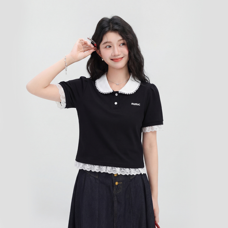 French-Style Top with Elegant Lace Splicing, 2026 New Summer Niche Black Short Polo Collar Short-Sleeve T-Shirt for Women