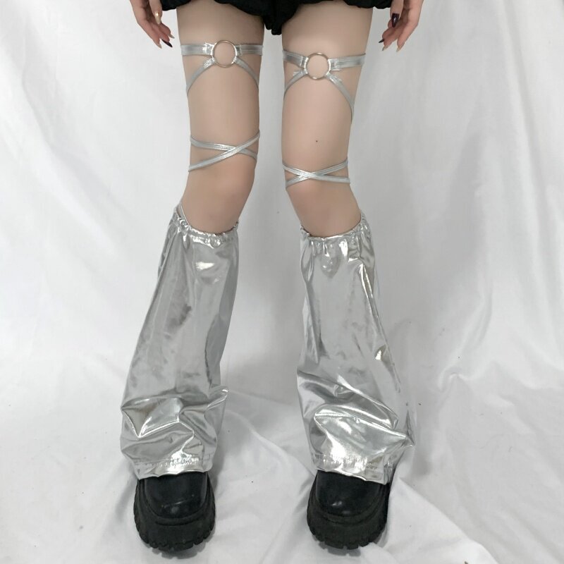 Silver Thigh Accessories Cos Mecha Girl Y3K Futuristic Tech Silver Strap Stockings Functional Style Slimming Leg Warmers