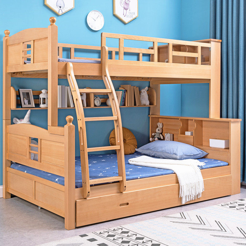 Beech high and low bed child mother bed bunk wooden bed all solid wood children's bed bunk bed adult bookcase bed