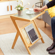 Net red tea table minimalist modern living room home small table solid wood tea table small family type balcony rattan-woven glass tea table