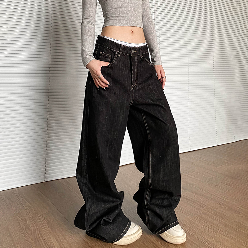 A Pocket American Retro Straight-Leg Wide-Leg Jeans for Women, European and American High Street Style, Stacked Loose Floor-Length Pants A Pocket American Retro Straight-Leg Wide-Leg Jeans for Women, European and American High Street Style, Stacked Loose Floor-Length Pants
