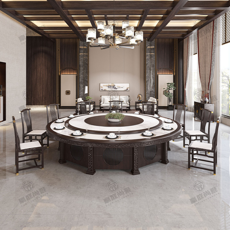 New Chinese Hotel Electric Dining Room VILLA SOLID WOOD LARGE ROUND TABLE AND CHAIRS COMBINED AUTOMATIC ROTATING HOT POT TABLE COMMERCIAL