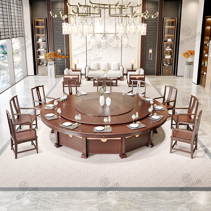 New Chinese-style electric dining table turntable hotel club room 20 people solid wood large round table invisible induction cooker hot pot table