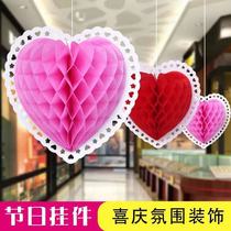 Seventh Valentines Day ceiling decoration with love flower ball decoration jewelry gold shop window shop creative decoration