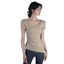 SQSF yoga wear short-sleeved womens summer slimming drawstring sports top with chest pad running training fitness suit