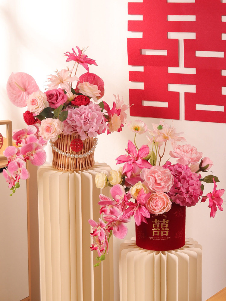 Wedding House Pendulum Simulation Flower Wedding Celebration Red New Room Living-room Decoration Flower Wedding Arrangement Wedding Arrangement Wedding Flower Arrangement Hug Bucket-Taobao