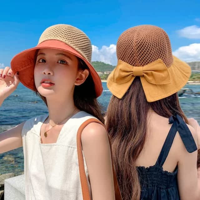 Sun hat female summer thin foreign air hat children summer sun protection breathable fisherman hat Zama tail butterfly knot sunhat summer-Taobao