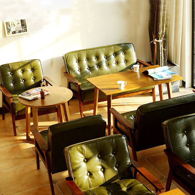 Retro Clear Bar Sweet Boutique Coffee Cafe Milk Tea Shop Table And Chairs Combined Casual Dining Room Solid Wood Leather Sofa Reception Talks