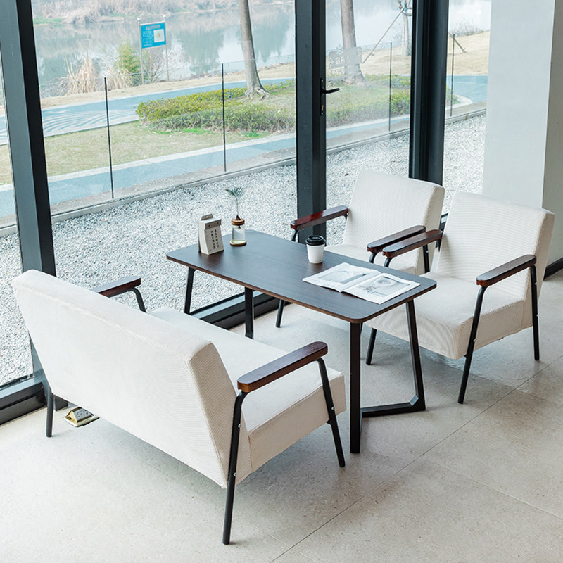 Retro coffee restaurant solid wood double deck leather sofa negotiation bar milk tea shop table and chair combination commercial