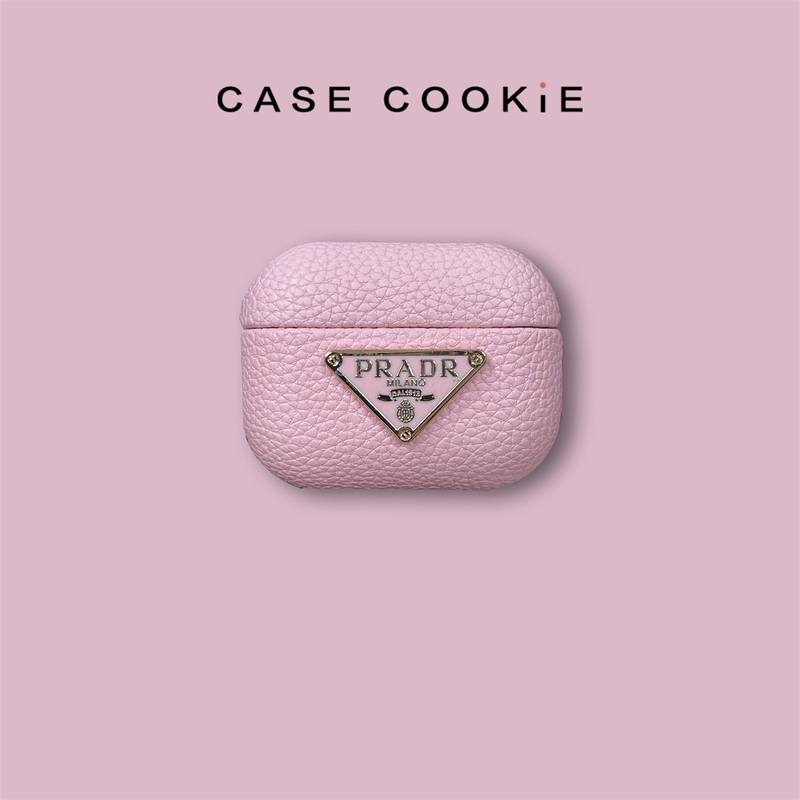 Pink Lychee-Patterned Leather Luxury Triangle Logo Airpods4 Noise-Canceling Earphone Case for Women, Airpodspro2 Second-Generation Earphone Protective Case for Men, Suitable for Airpodspro3 Earphone Case, Anti-Drop High-End