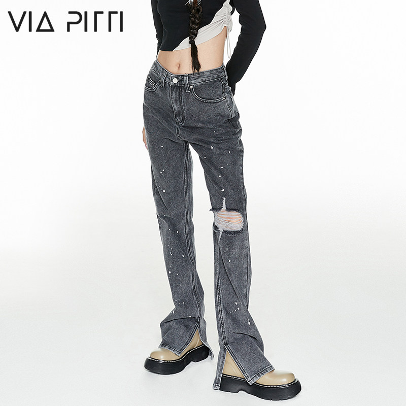 viapitti stars with the same breaking hole splashdown jeans woman spring and summer new dew knee high waist straight drum pants design sensation