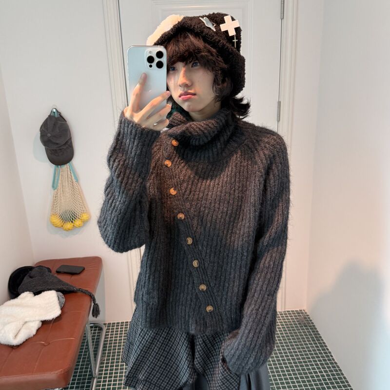 Shadow Planet Early Autumn Lazy Style Turtleneck Sweater for Women, Loose Button-Decorated Wool Blend Knit Top, Trendy