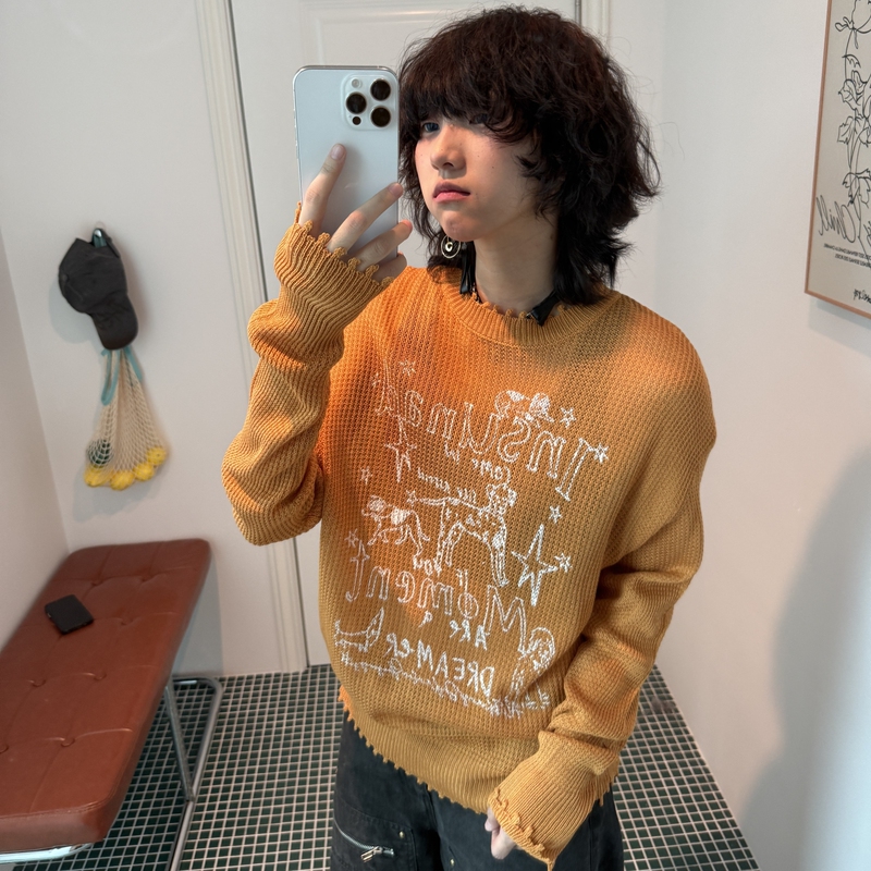 Shadow Planet Thin Trendy Loose Y2K Printed Knit Sweater for Women, Loose Sweater, Age-Reducing Fashionable Hollow-Out Top