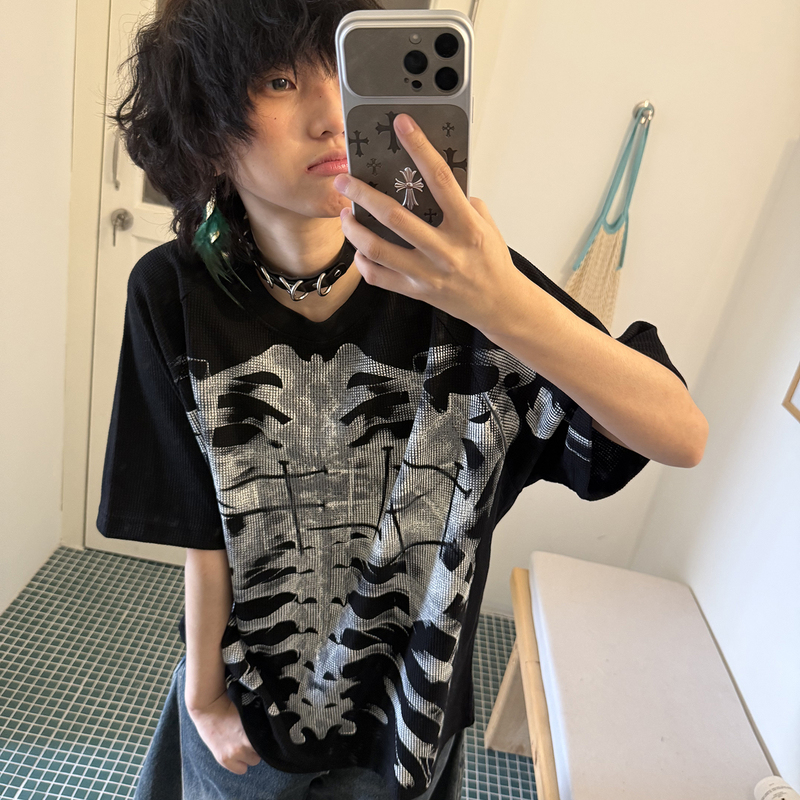 Shadow Planet Dark Gothic Skull Skeleton Print Short Sleeve T-Shirt Unisex Loose Waffle High Street Trendy Brand Shadow Planet Dark Gothic Skull Skeleton Print Short Sleeve T-Shirt Unisex Loose Waffle High Street Trendy Brand