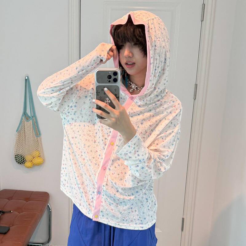 Shadow Planet Japanese Sweet Style Star Hooded Cardigan Sun Protection Clothing for Women, Thin Mid-Length Fashionable Sun Protection Clothing Trend Shadow Planet Japanese Sweet Style Star Hooded Cardigan Sun Protection Clothing for Women, Thin Mid-Length Fashionable Sun Protection Clothing Trend